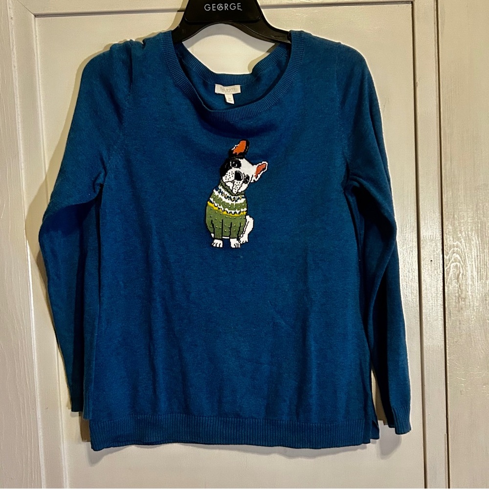 Talbots Petites Blue Sweater with French bulldog design in size Small P